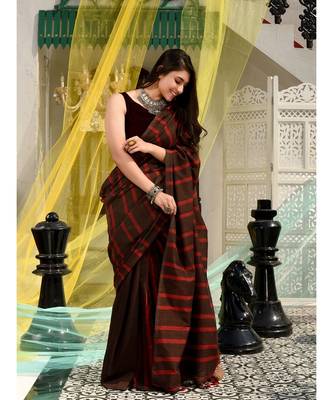 This is  Brown Cotton handwoven saree with stripes  from Charukriti 1