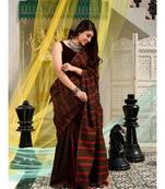 This is  Brown Cotton handwoven saree with stripes  from Charukriti