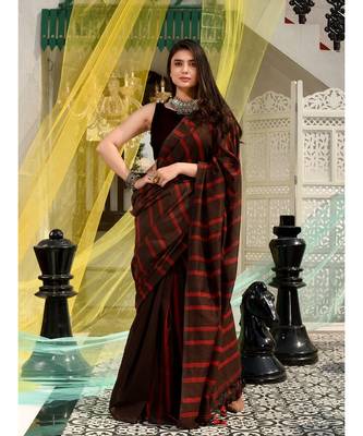 This is  Brown Cotton handwoven saree with stripes  from Charukriti 2