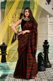This is  Brown Cotton handwoven saree with stripes  from Charukriti