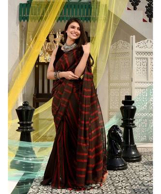 This is  Brown Cotton handwoven saree with stripes  from Charukriti 3