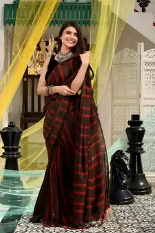 This is  Brown Cotton handwoven saree with stripes  from Charukriti
