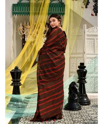 This is  Brown Cotton handwoven saree with stripes  from Charukriti 4
