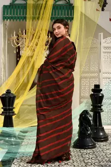 This is  Brown Cotton handwoven saree with stripes  from Charukriti