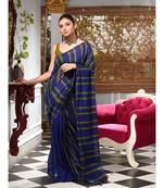 This is  Blue Cotton handwoven saree with stripes  from Charukriti