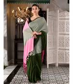 This is  Grey  Cotton handwoven saree with pompom  from Charukriti