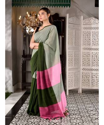 This is  Grey  Cotton handwoven saree with pompom  from Charukriti 3