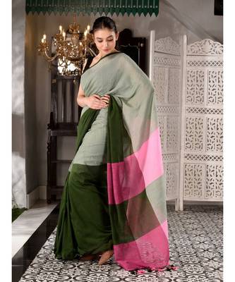 This is  Grey  Cotton handwoven saree with pompom  from Charukriti 4