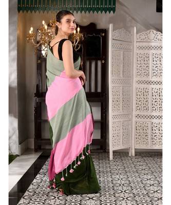 This is  Grey  Cotton handwoven saree with pompom  from Charukriti 5