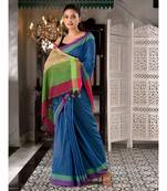 This is  Light Blue Cotton handwoven saree with gicha in pallu  from Charukriti