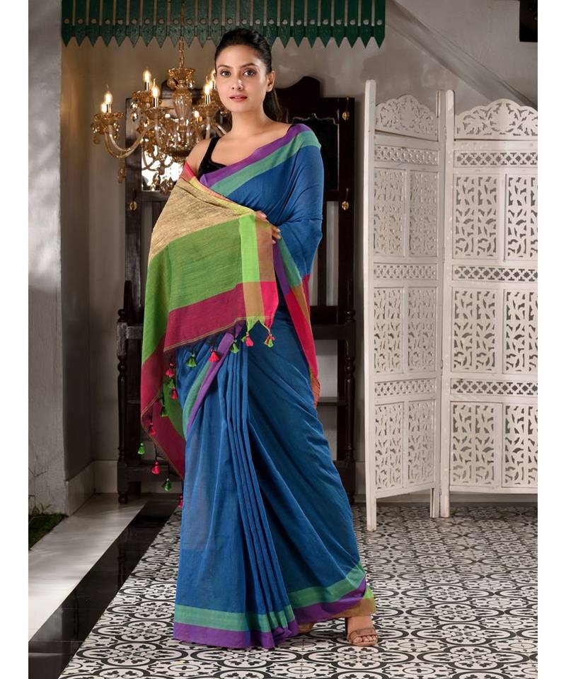 This is  Light Blue Cotton handwoven saree with gicha in pallu  from Charukriti