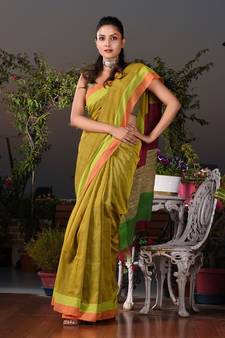 This is  Mustard Cotton handwoven saree with gicha in pallu  from Charukriti