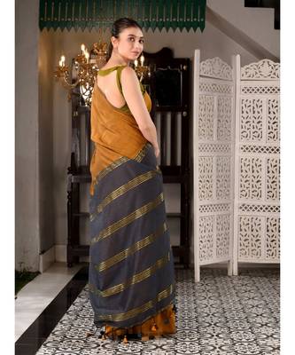 This is  Mustard Cotton  handwoven saree with zari in pallu  from Charukriti 5