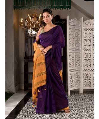 This is  Violet Cotton  handwoven saree with zari in pallu  from Charukriti 1