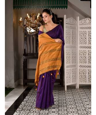 This is  Violet Cotton  handwoven saree with zari in pallu  from Charukriti 2