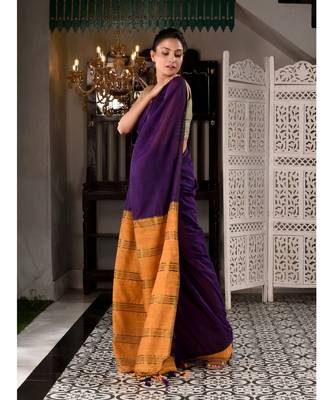 This is  Violet Cotton  handwoven saree with zari in pallu  from Charukriti 3