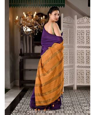 This is  Violet Cotton  handwoven saree with zari in pallu  from Charukriti 5
