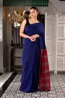 This is  Blue Cotton  handwoven saree with zari in pallu  from Charukriti