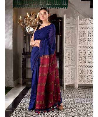 This is  Blue Cotton  handwoven saree with zari in pallu  from Charukriti 3