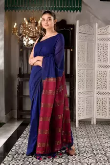 This is  Blue Cotton  handwoven saree with zari in pallu  from Charukriti