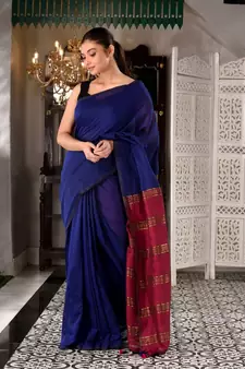 This is  Blue Cotton  handwoven saree with zari in pallu  from Charukriti