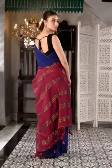 This is  Blue Cotton  handwoven saree with zari in pallu  from Charukriti