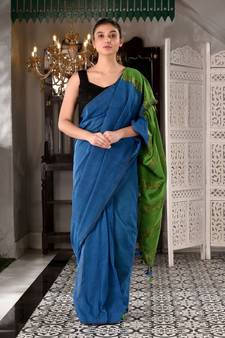 This is  Blue Cotton  handwoven saree with zari in pallu  from Charukriti