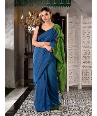 This is  Blue Cotton  handwoven saree with zari in pallu  from Charukriti 2