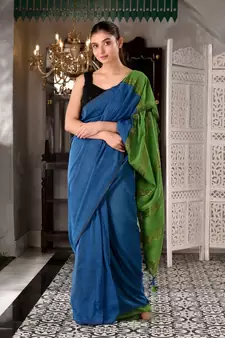This is  Blue Cotton  handwoven saree with zari in pallu  from Charukriti