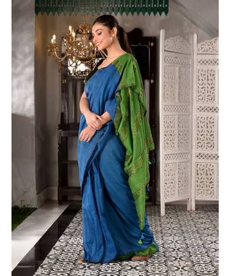 This is  Blue Cotton  handwoven saree with zari in pallu  from Charukriti 3