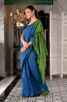 This is  Blue Cotton  handwoven saree with zari in pallu  from Charukriti