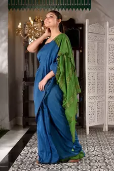 This is  Blue Cotton  handwoven saree with zari in pallu  from Charukriti