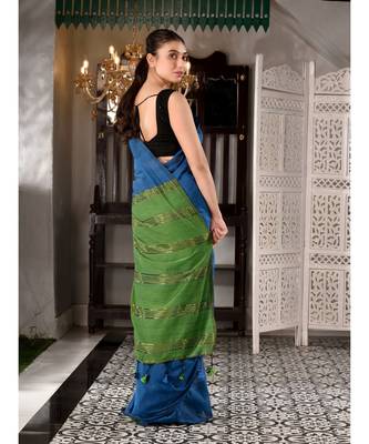 This is  Blue Cotton  handwoven saree with zari in pallu  from Charukriti 5