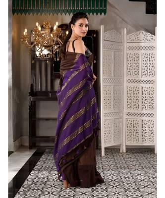 This is  Brown Cotton  handwoven saree with zari in pallu  from Charukriti 3