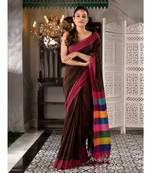 This is  Brown Cotton textured handwoven saree with Multicolor pallu from Charukriti