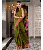 This is  Sap Green Cotton textured handwoven saree with Multicolor pallu from Charukriti