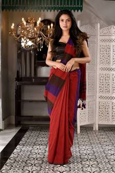 This is  Red Cotton textured handwoven saree with Multicolor pallu from Charukriti