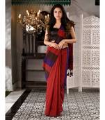 This is  Red Cotton textured handwoven saree with Multicolor pallu from Charukriti