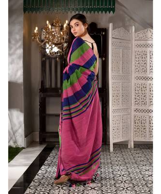 This is  Multicolor Cotton textured handwoven saree  from Charukriti 5