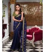 This is  Navy Blue Linen handwoven saree with geomatric design in pallu from Charukriti