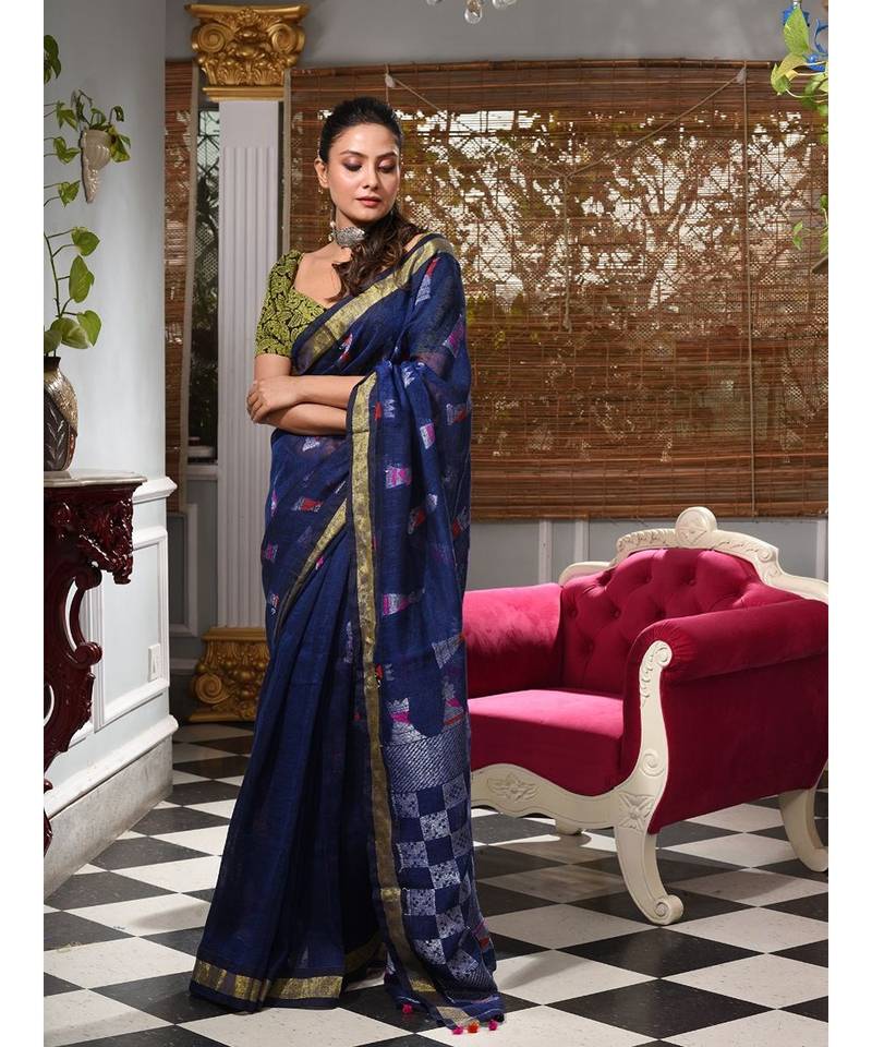 This is  Navy Blue Linen handwoven saree with geomatric design in pallu from Charukriti
