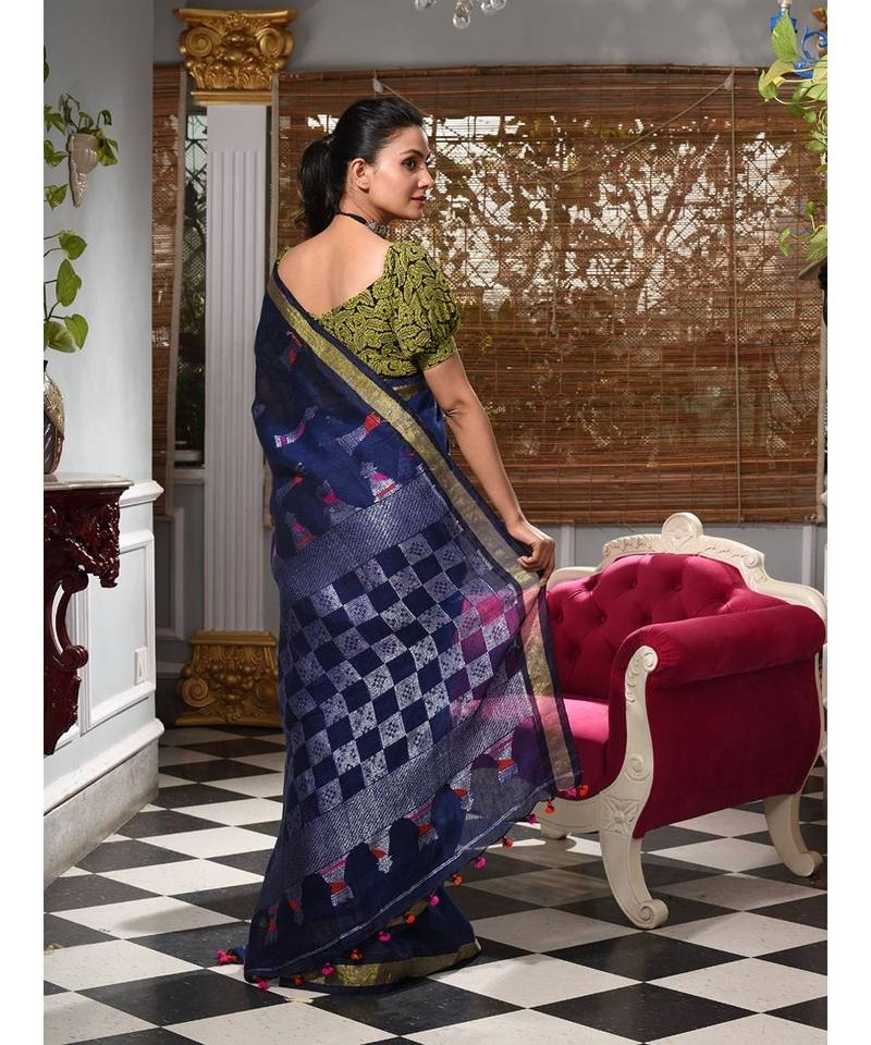 This is  Navy Blue Linen handwoven saree with geomatric design in pallu from Charukriti
