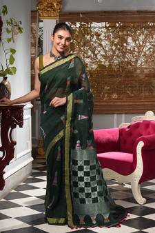 This is  Bottole Green Linen handwoven saree with geomatric design in pallu from Charukriti