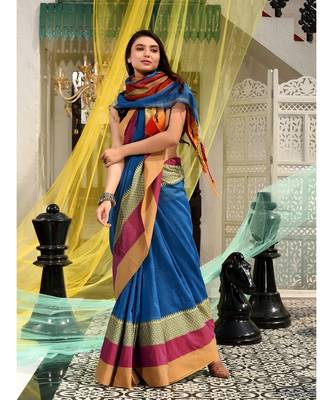 This is  Blue Blended Cotton handwoven saree with temple design from Charukriti 1