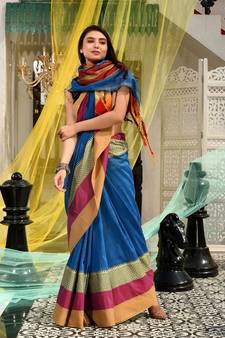 This is  Blue Blended Cotton handwoven saree with temple design from Charukriti
