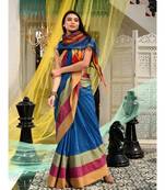 This is  Blue Blended Cotton handwoven saree with temple design from Charukriti