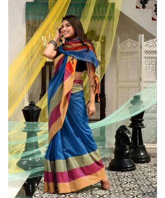 This is  Blue Blended Cotton handwoven saree with temple design from Charukriti 2
