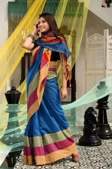 This is  Blue Blended Cotton handwoven saree with temple design from Charukriti