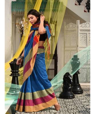 This is  Blue Blended Cotton handwoven saree with temple design from Charukriti 3
