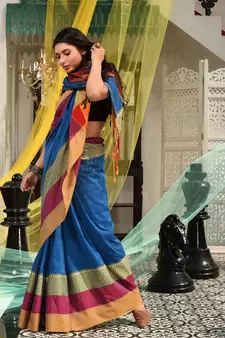 This is  Blue Blended Cotton handwoven saree with temple design from Charukriti